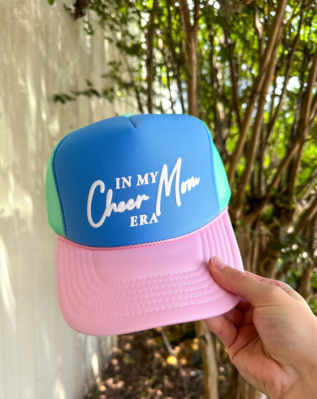 In My Cheer Mom Era Multi Trucker Hat (Carolina Blue)