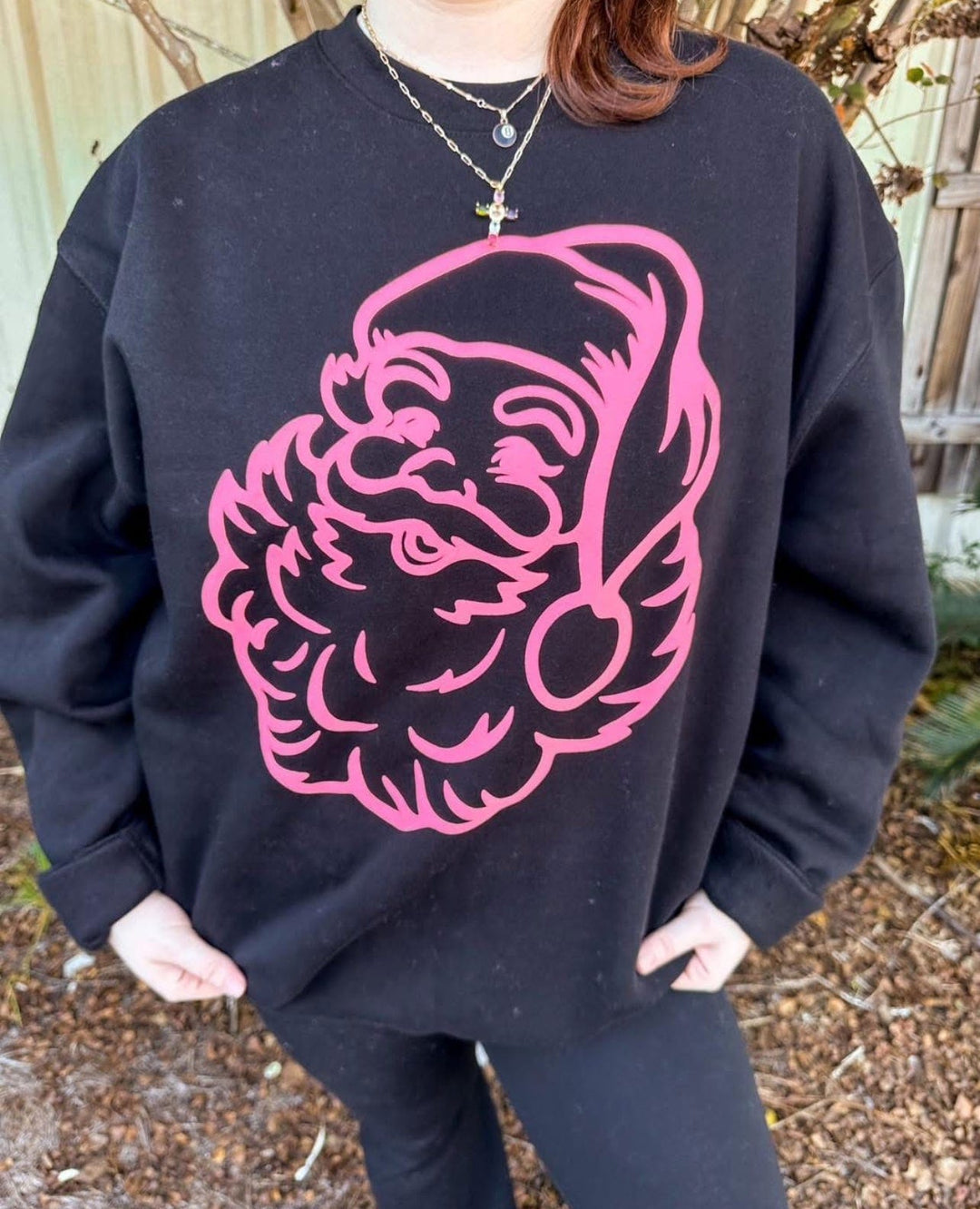 Pink Santa Puff Black Sweatshirt