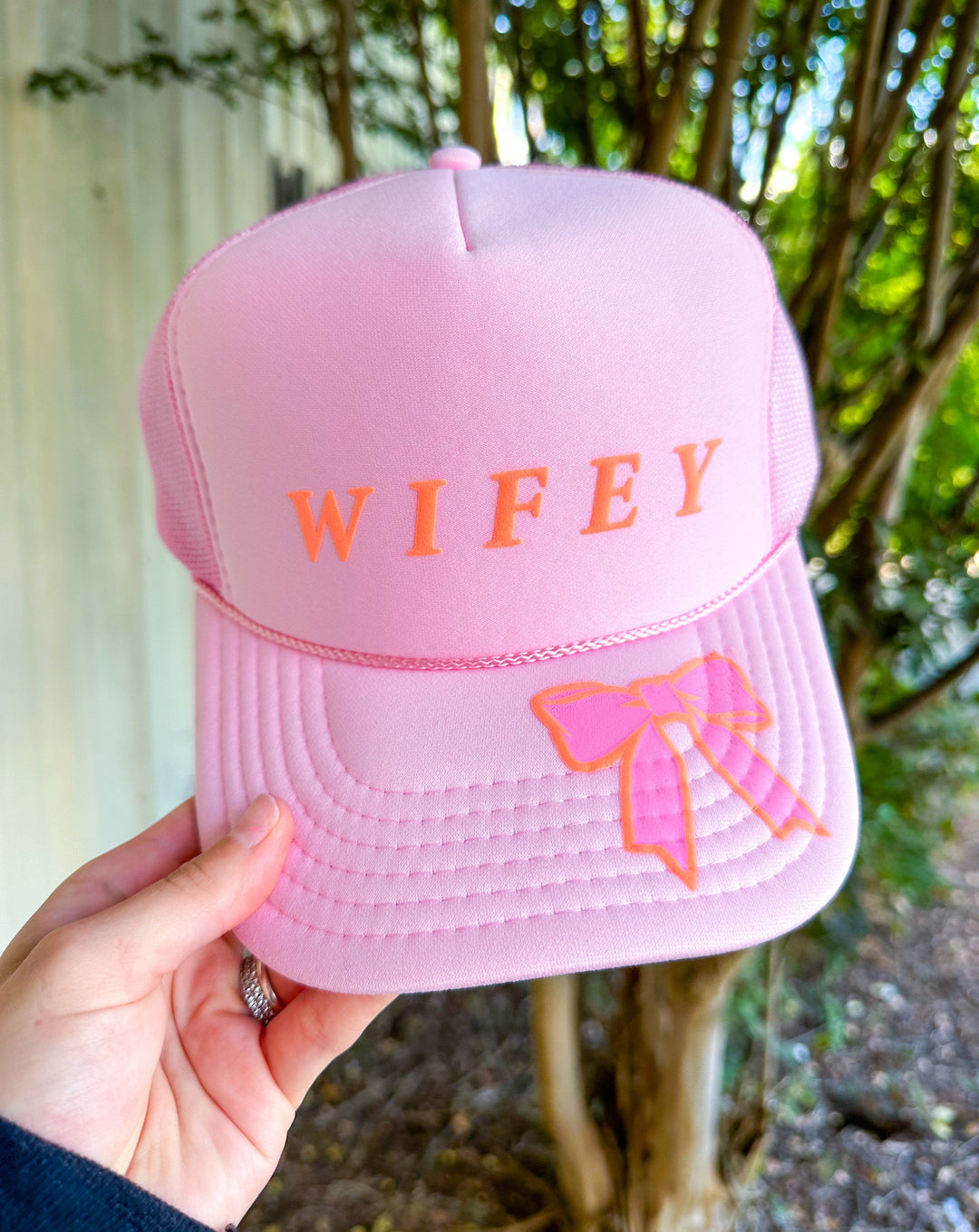 Wifey With Girly Bow Light Pink Trucker Hat