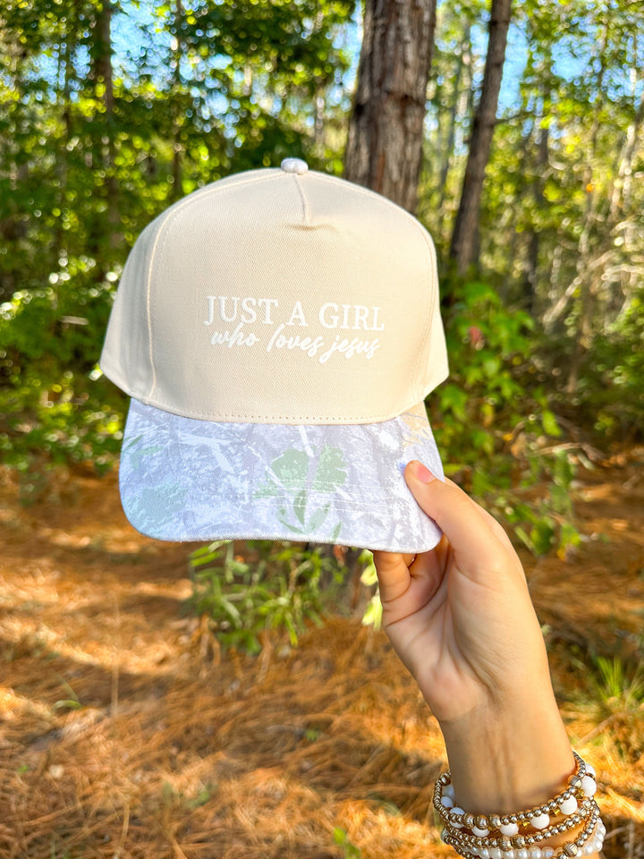 Just A Girl Who Loves Jesus Cream/Camo Canvas Trucker