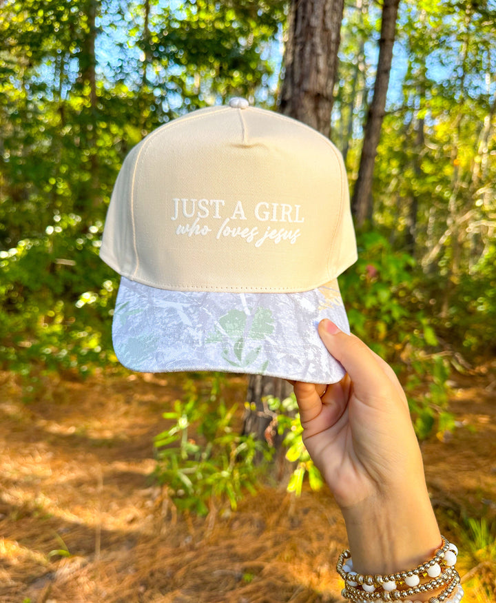 Just A Girl Who Loves Jesus Cream/Camo Canvas Trucker