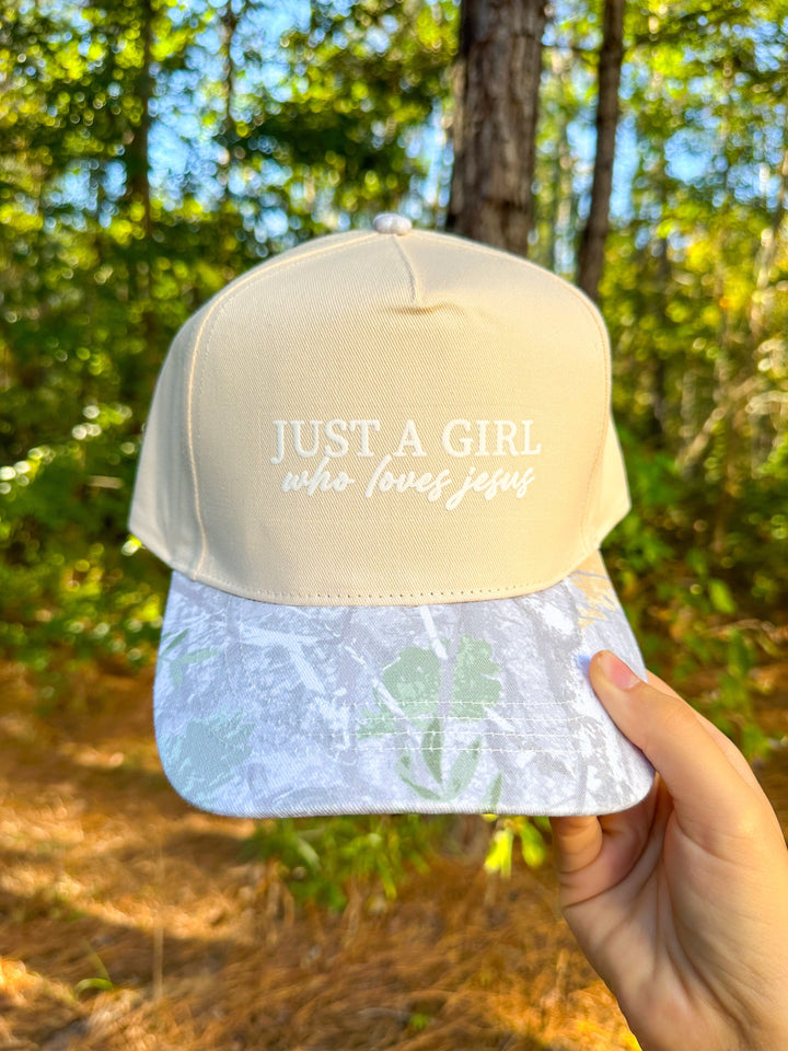 Just A Girl Who Loves Jesus Cream/Camo Canvas Trucker