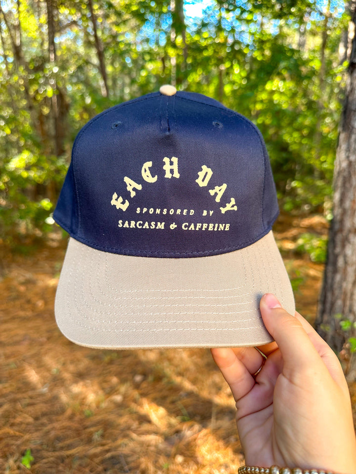 Each Day Sponsored By Sarcasm & Caffeine Navy/Tan Canvas Trucker