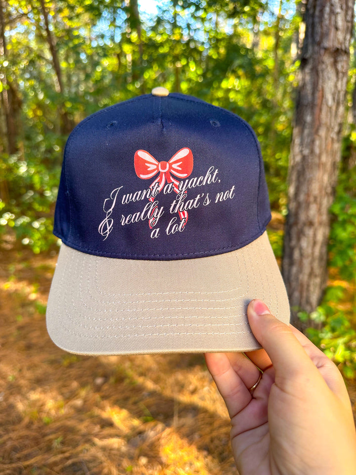 I Want A Yacht & That's Really Not Alot Navy/Tan Canvas Trucker