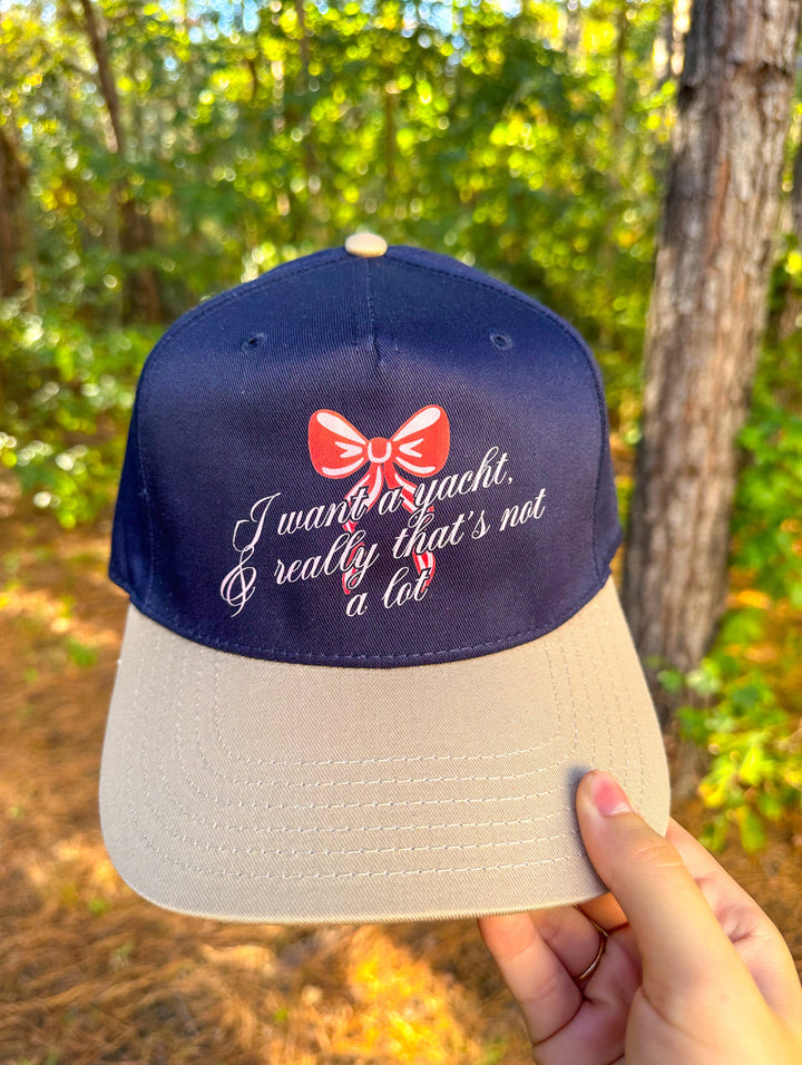 I Want A Yacht & That's Really Not Alot Navy/Tan Canvas Trucker