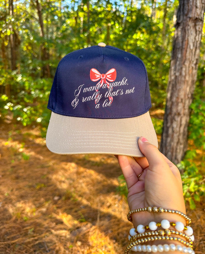 I Want A Yacht & That's Really Not Alot Navy/Tan Canvas Trucker