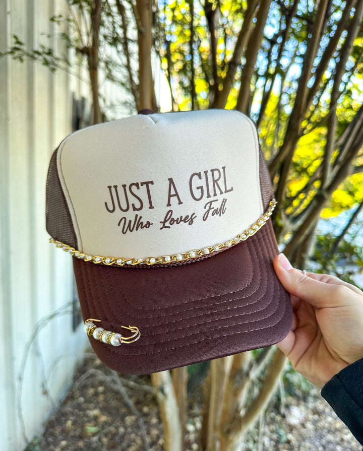 Just A Girl Who Loves Fall Tan/Brown Trucker Hat