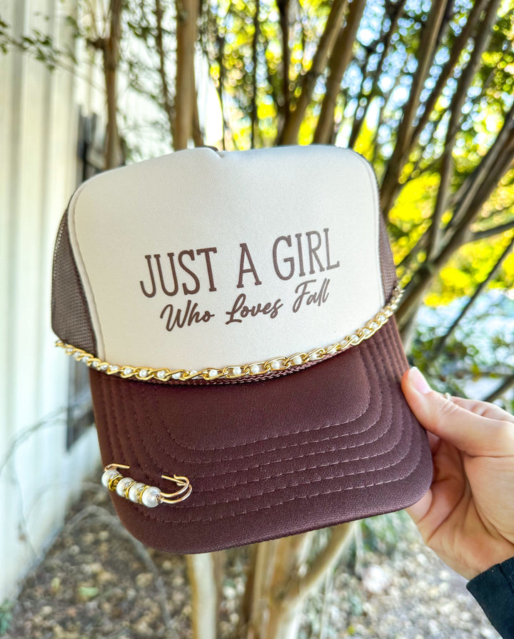 Just A Girl Who Loves Fall Tan/Brown Trucker Hat