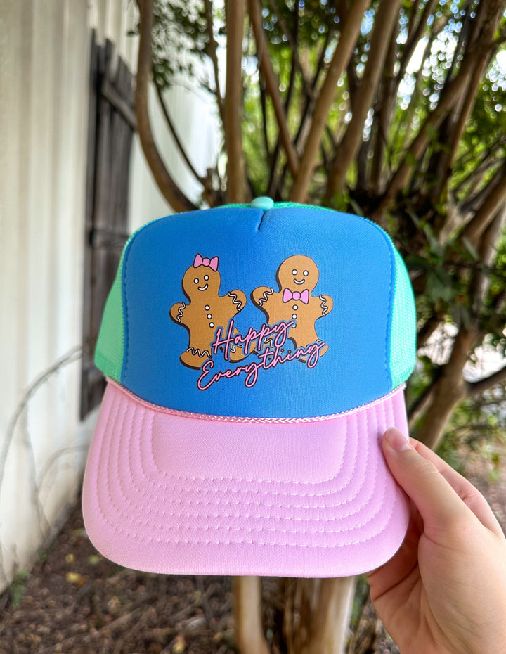 Happy Everything Gingerbread Multi Trucker Hat (Carolina Blue)