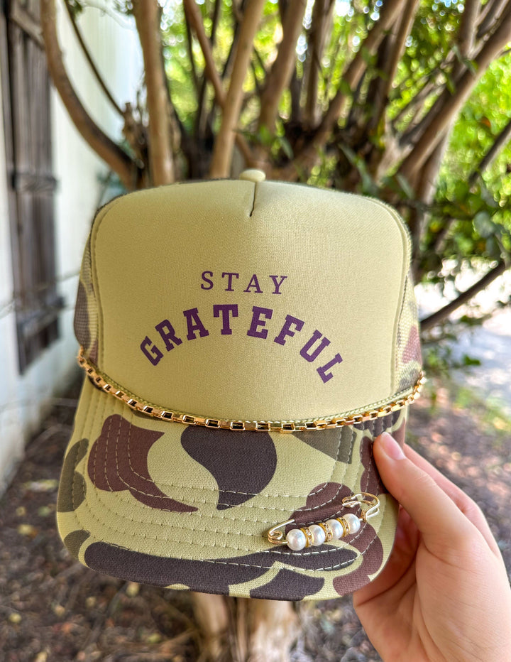 Stay Grateful Two-Tone Camo Trucker