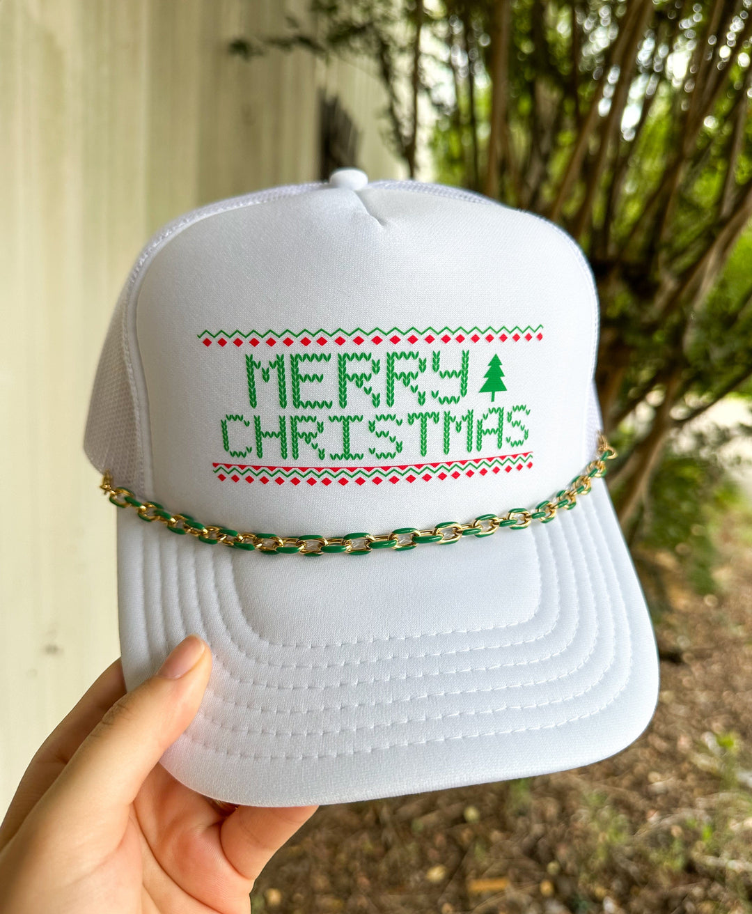 Merry Christmas Cross-Stitched White Trucker
