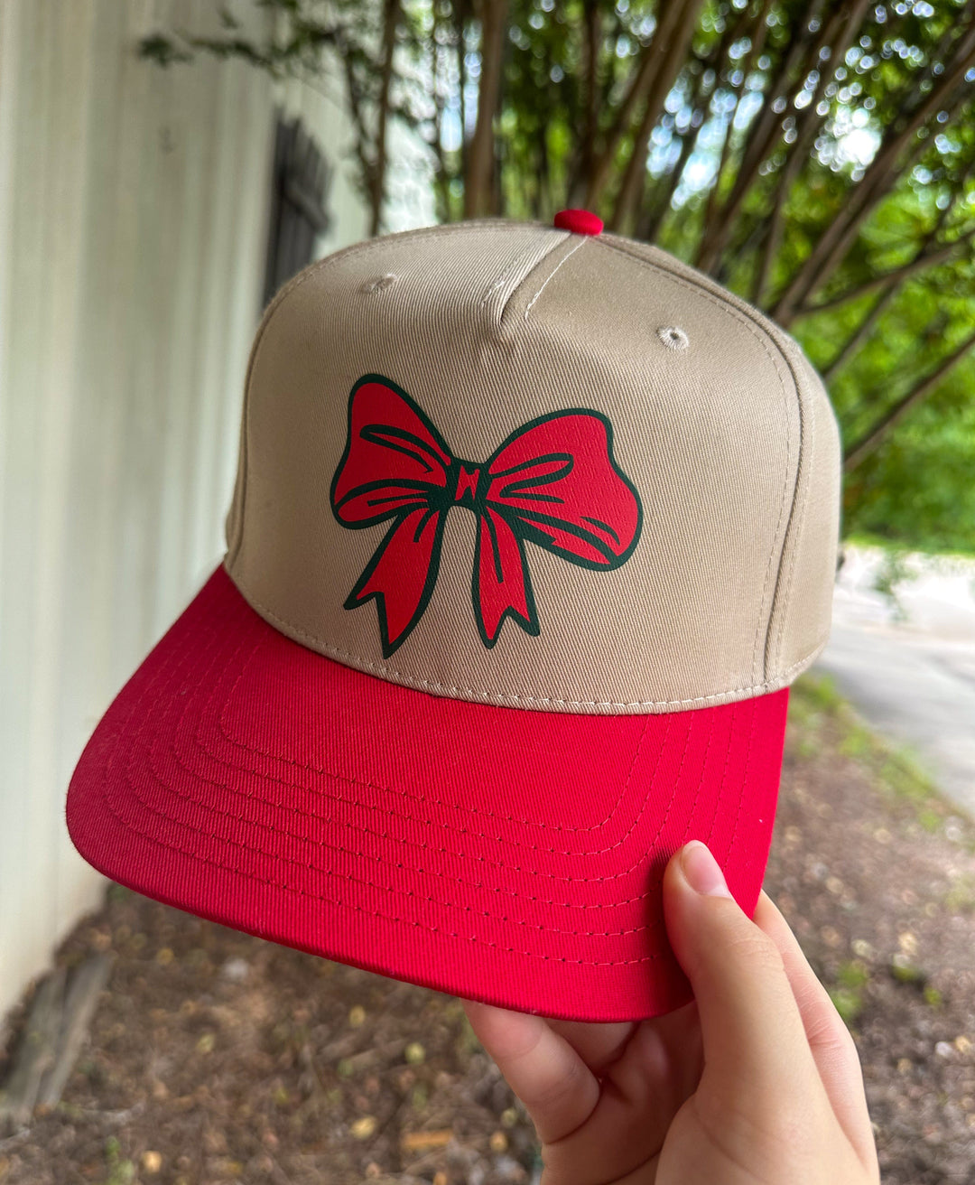 Christmas Bow Tan/Red Canvas Trucker Hat