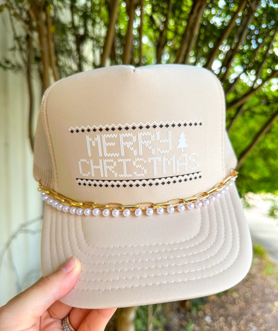 Merry Christmas Cream Trucker Hat
