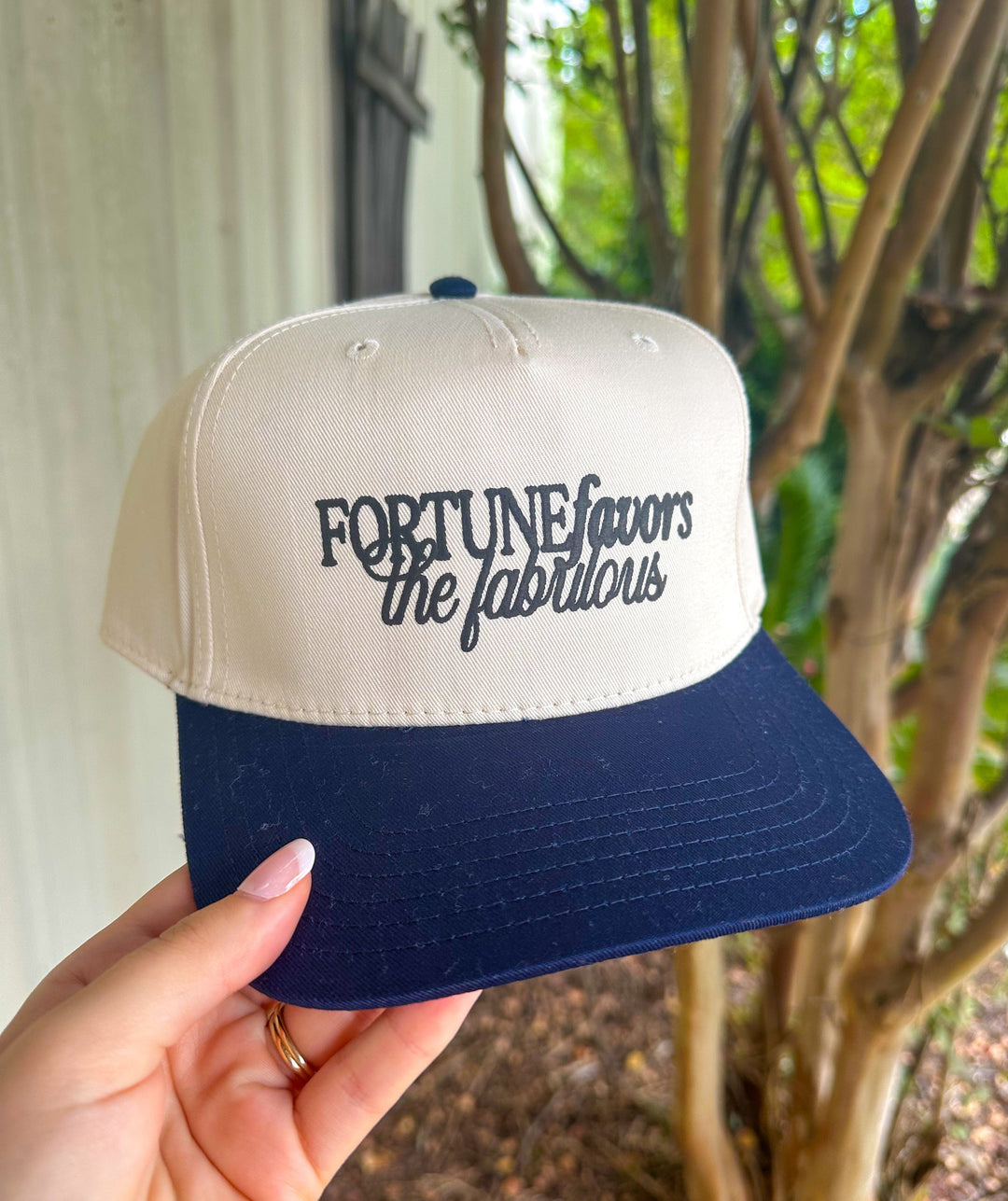 Fortune Favors Tan/Navy Canvas Trucker Hat