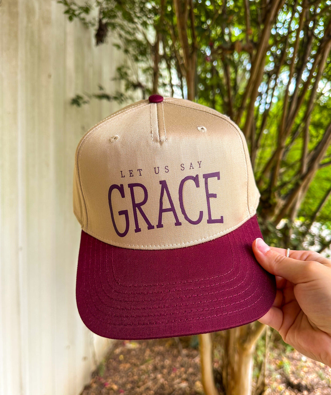 Let Us Say GRACE Tan/Maroon Canvas Trucker Hat