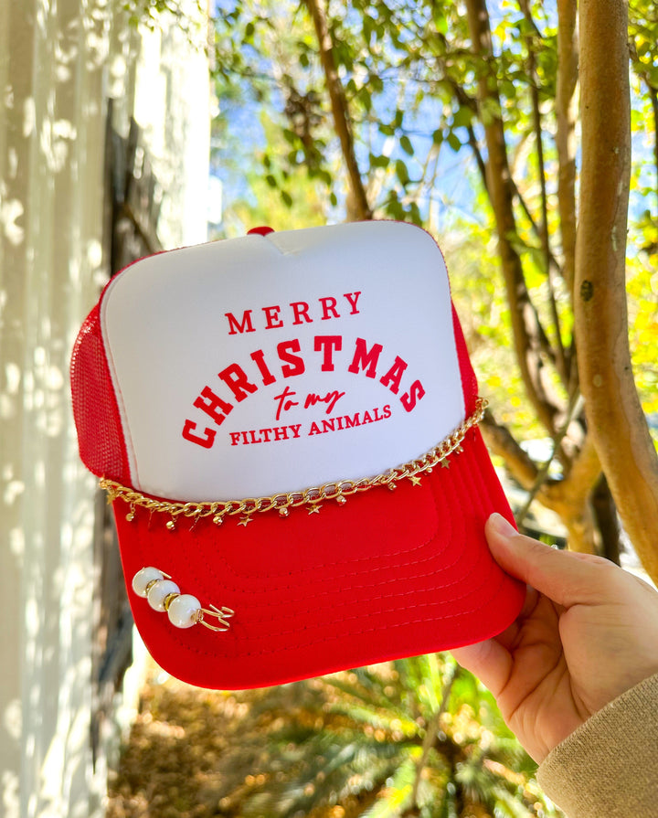 Merry Christmas To My Filthy Animals White/Red Trucker