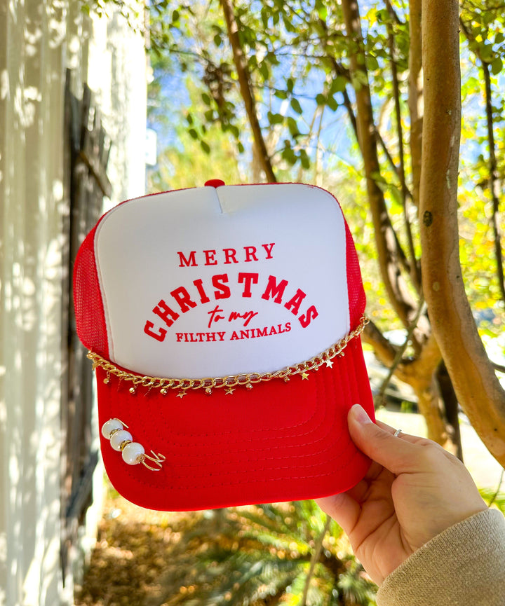 Merry Christmas To My Filthy Animals White/Red Trucker