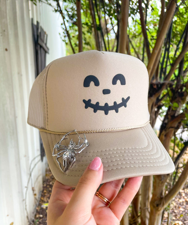 Smiley Skelly Khaki Trucker Hat W/ Spider Pin