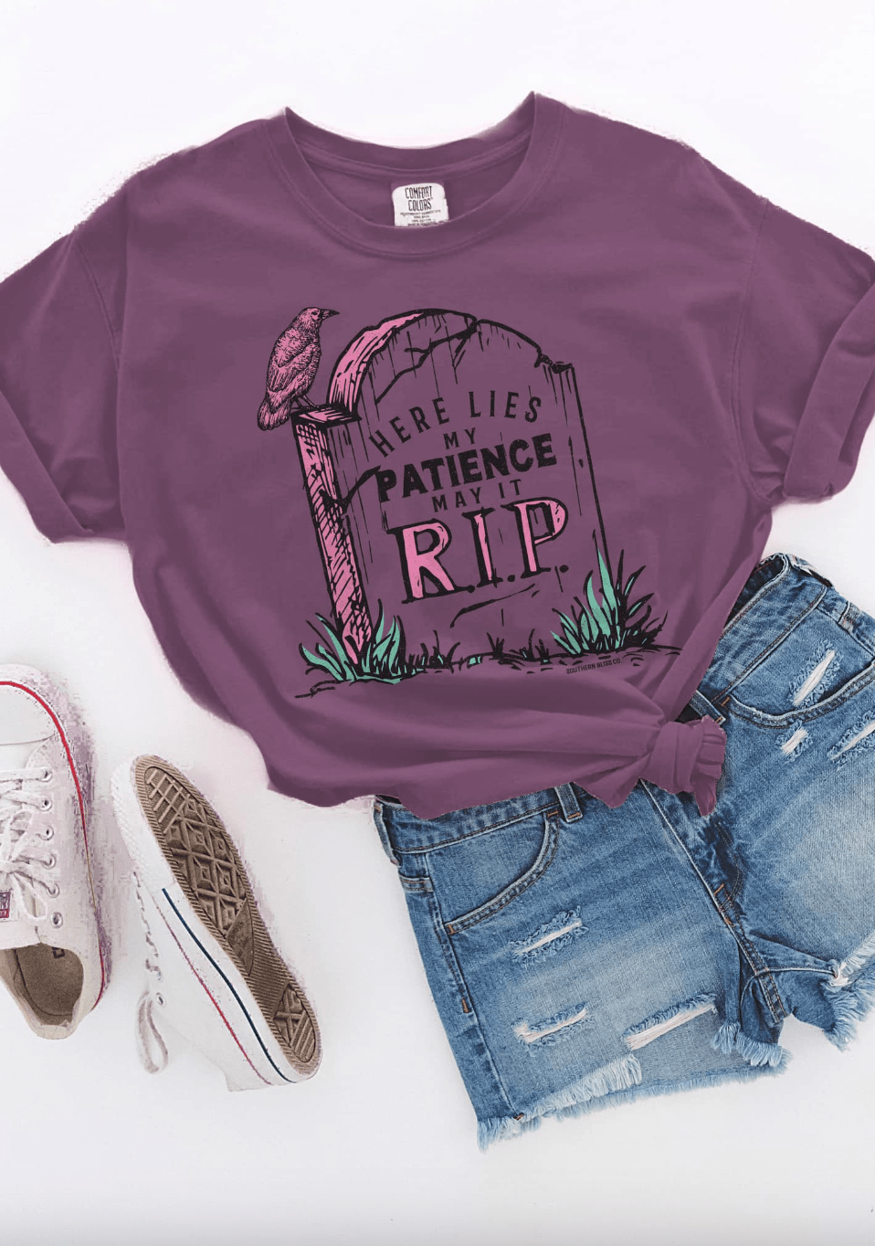 Here Lies My Patience Berry CC Tee