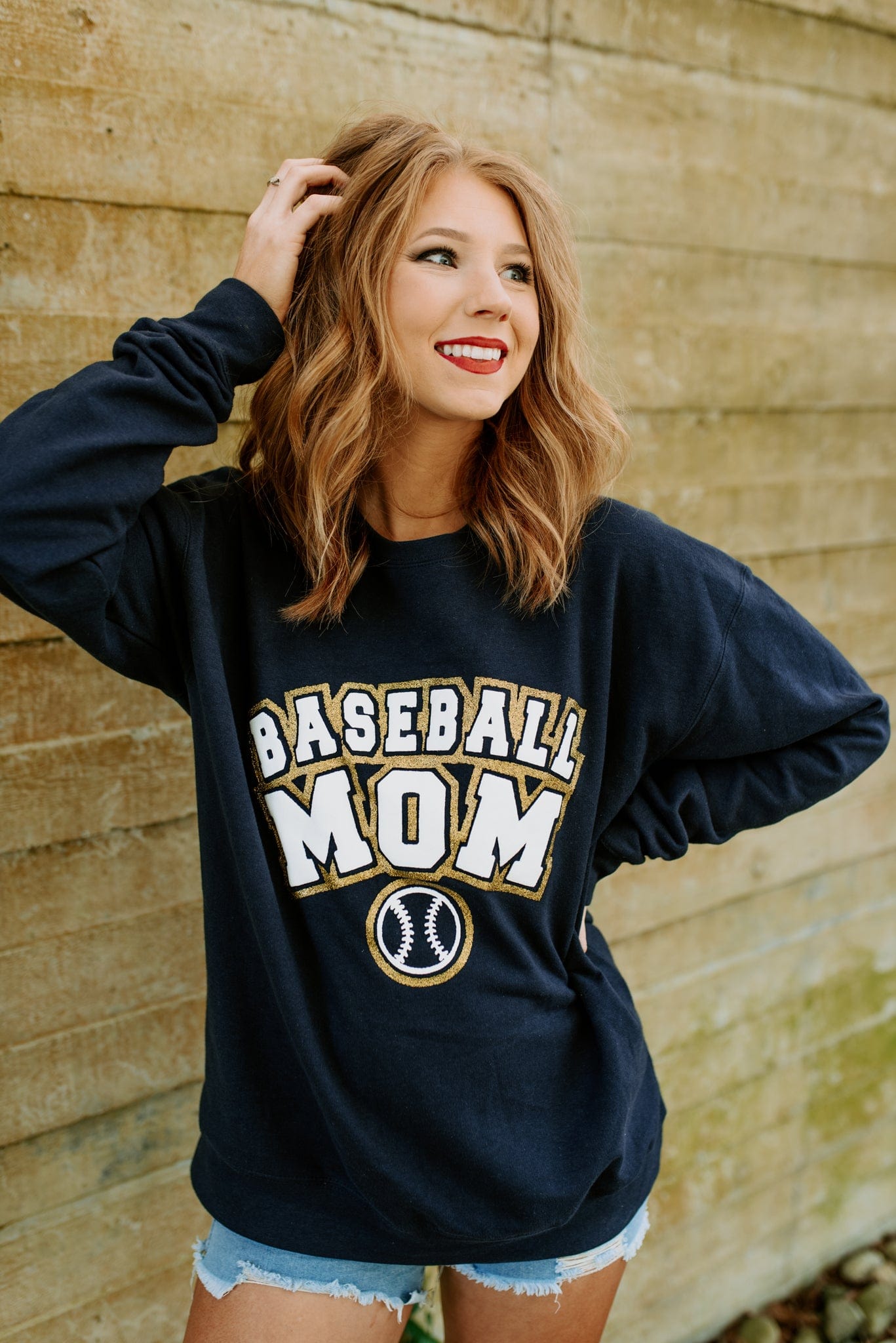 Baseball Mom Varsity Glitter Navy Tee Southern Bliss Company