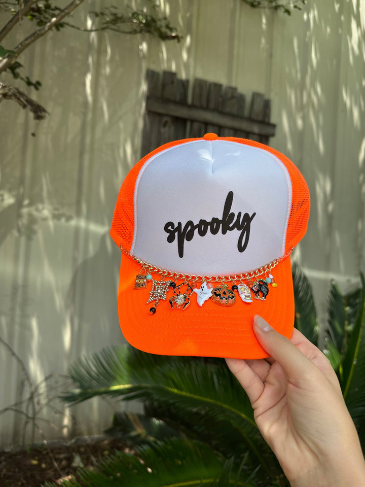 Spooky Neon Orange/White Trucker Hat - Luxe Halloween Chain