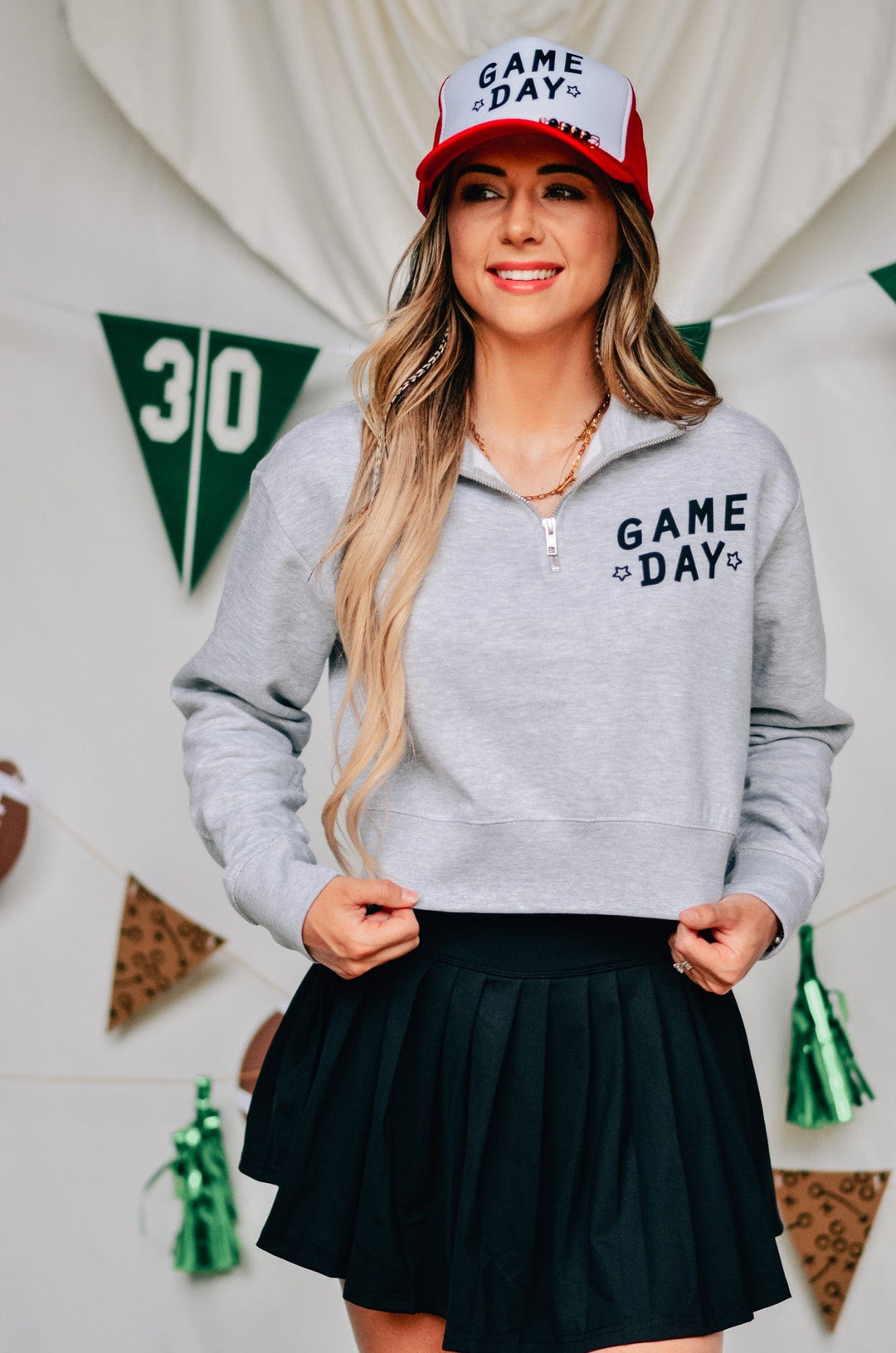 Game Day Lt Gray Half-Zip Cropped Sweatshirt