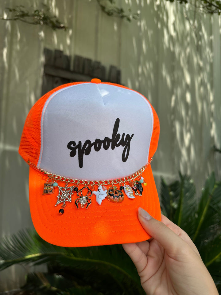 Spooky Neon Orange/White Trucker Hat - Luxe Halloween Chain
