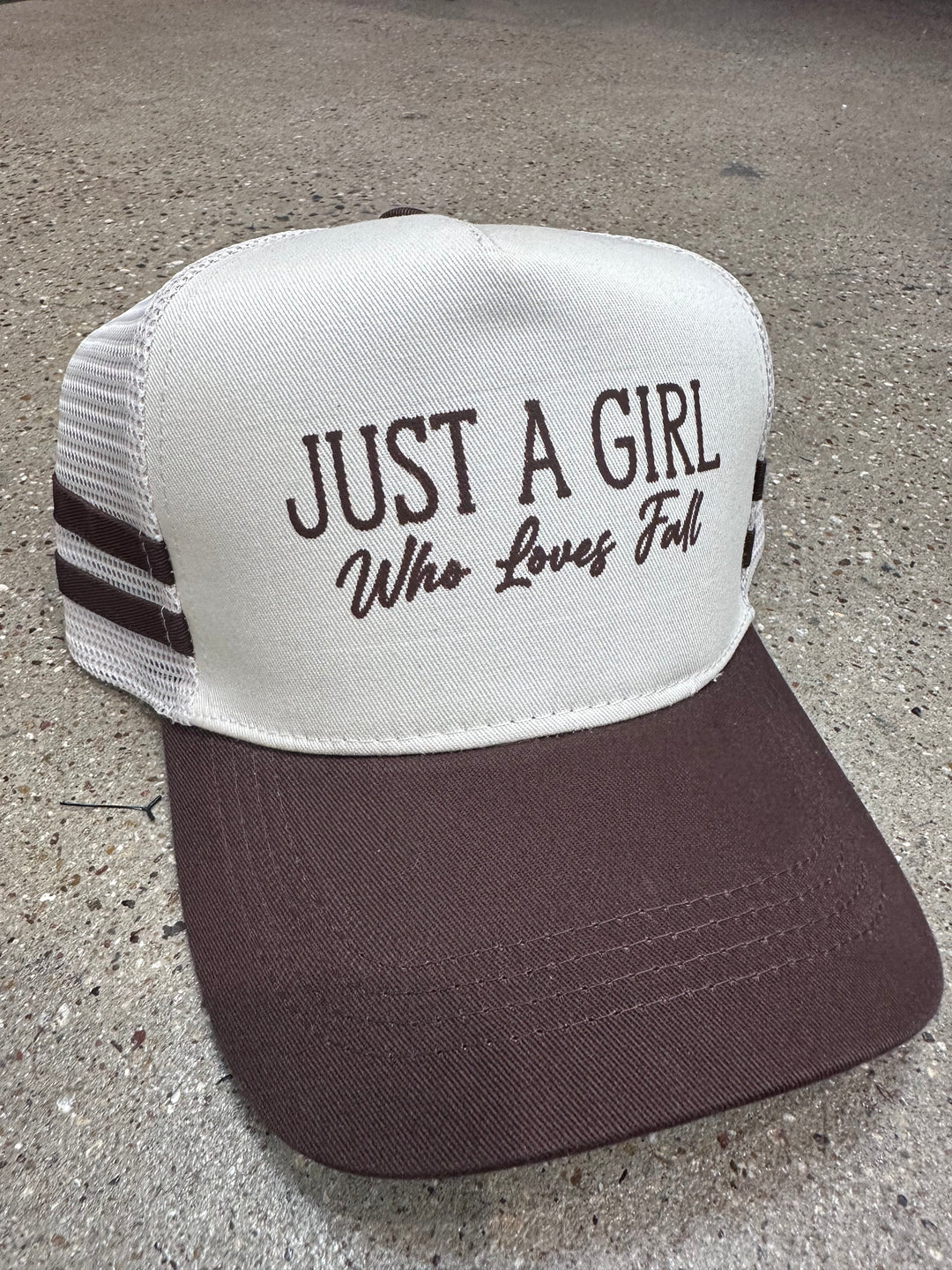 Just a Girl who Loves Fall Brown striped canvas Trucker Hat