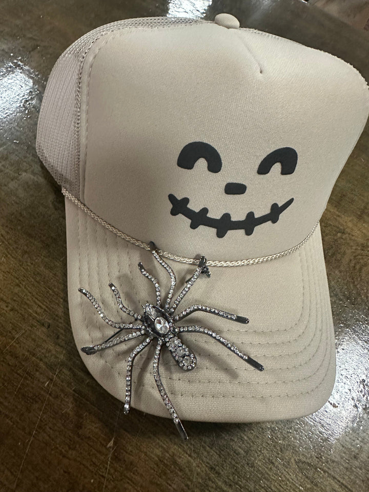 Smiley Skelly Khaki Trucker Hat W/ Spider Pin