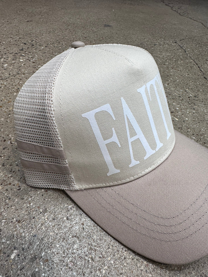 FAITH Tan striped canvas Trucker Hat