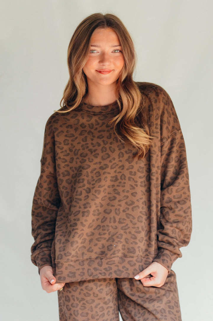 PREORDER ITEM (Estimated ship date 10/31) Brown Leopard Crew Sweatshirt