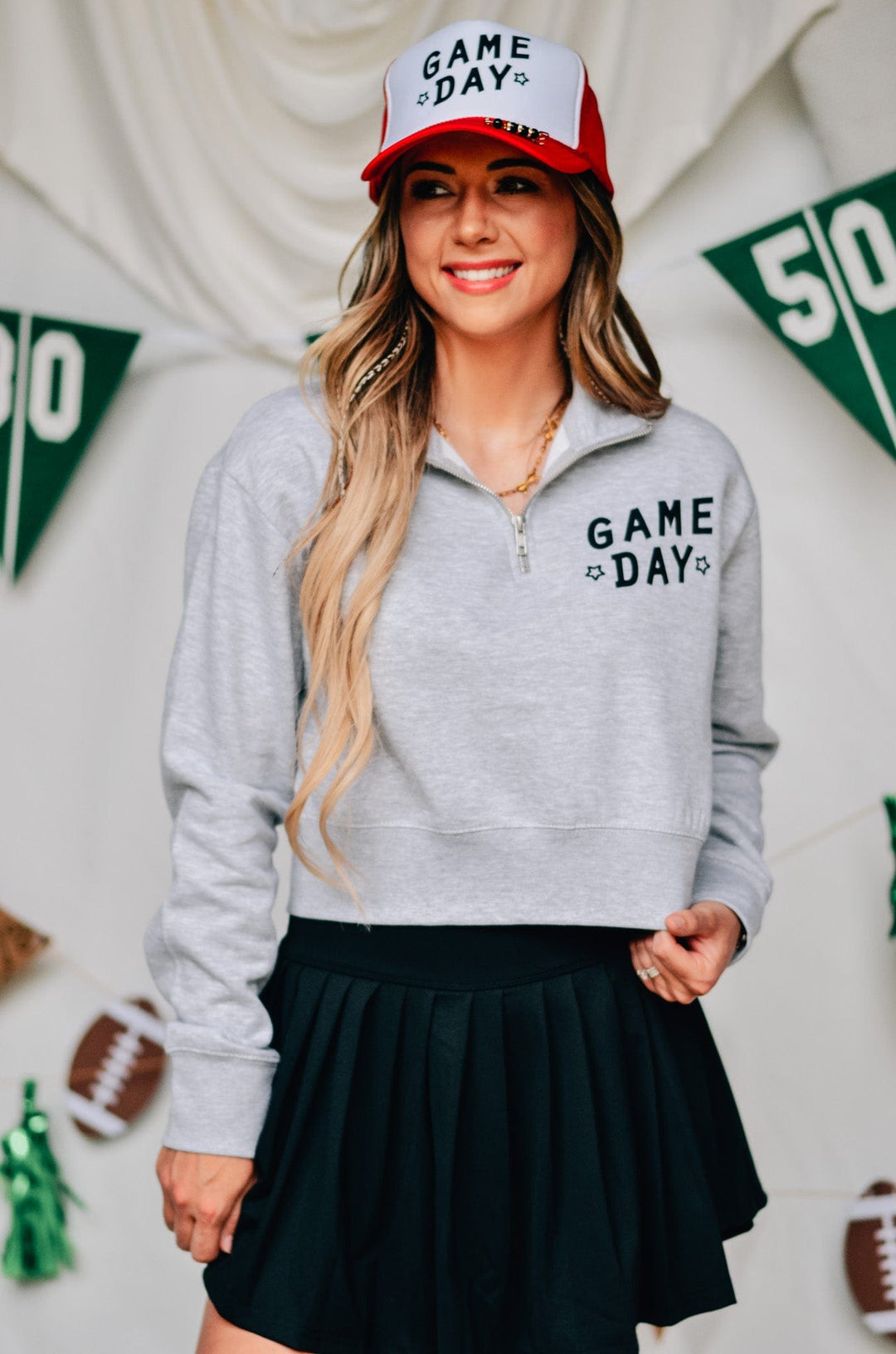 Game Day Lt Gray Half-Zip Cropped Sweatshirt