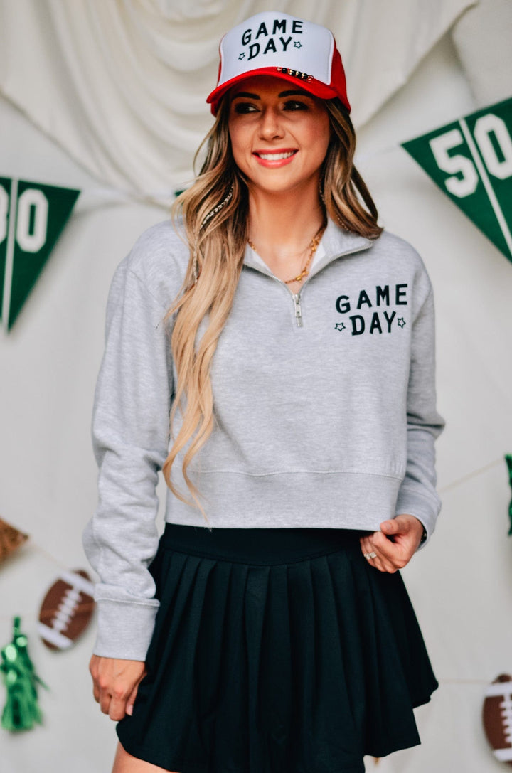 Game Day Lt Gray Half-Zip Cropped Sweatshirt