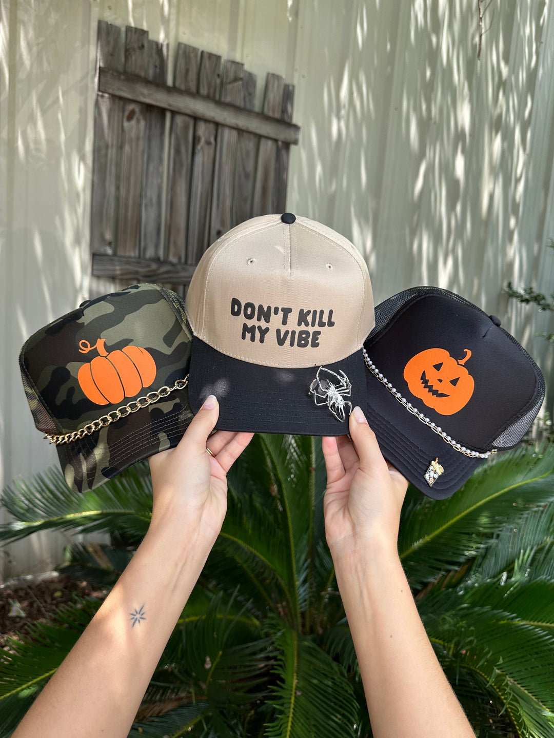 Don't Kill My Vibe Tan/Black Canvas Trucker Hat