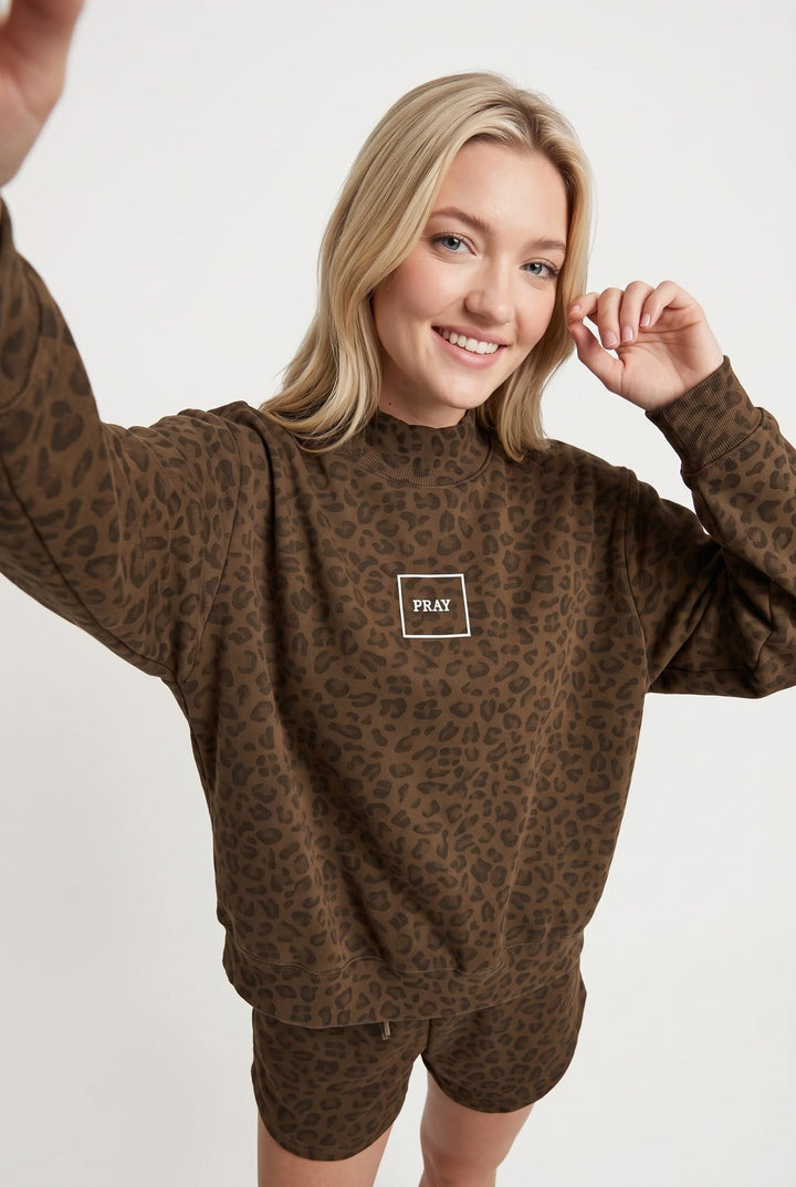 PREORDER ITEM (Estimated ship date 10/31) PRAY Brown Leopard Mock Neck Sweatshirt