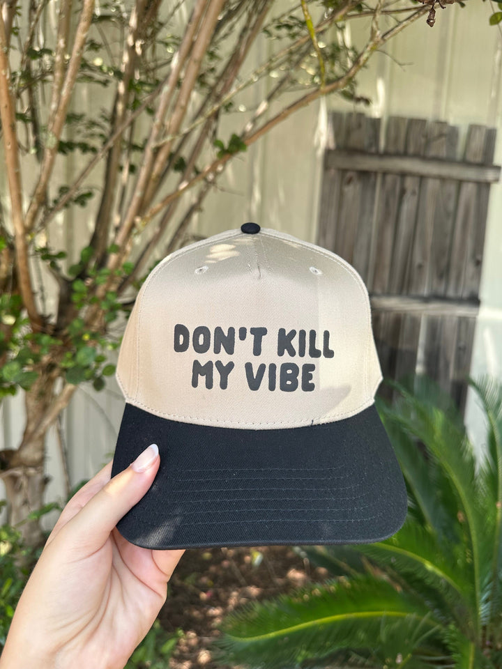 Don't Kill My Vibe Tan/Black Canvas Trucker Hat