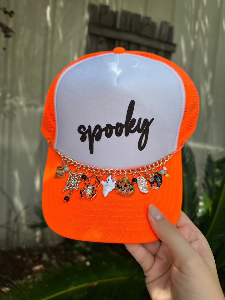 Spooky Neon Orange/White Trucker Hat - Luxe Halloween Chain