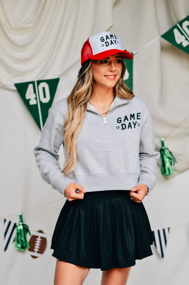 Game Day Lt Gray Half-Zip Cropped Sweatshirt