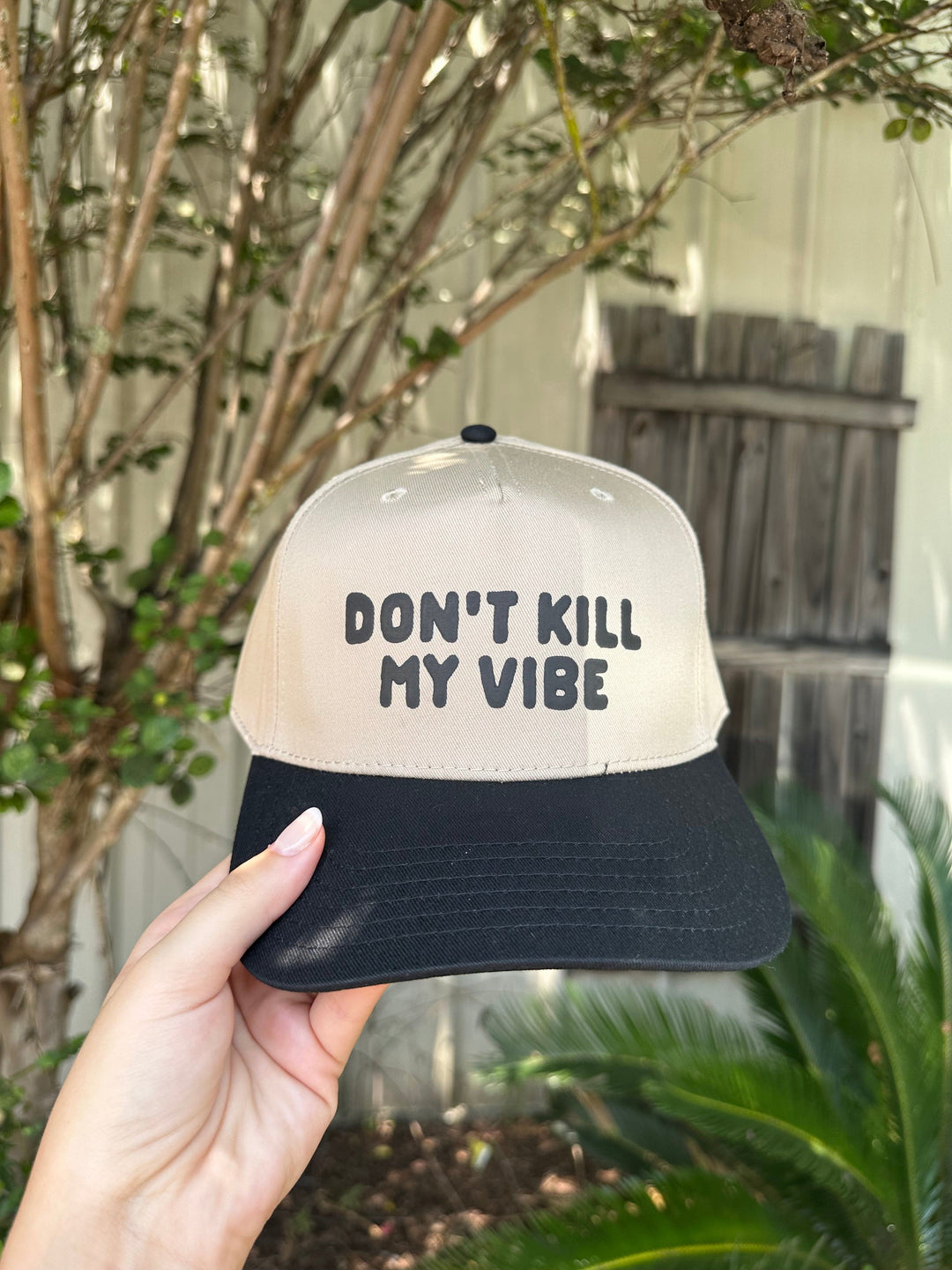 Don't Kill My Vibe Tan/Black Canvas Trucker Hat