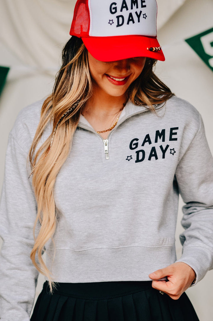 Game Day Lt Gray Half-Zip Cropped Sweatshirt