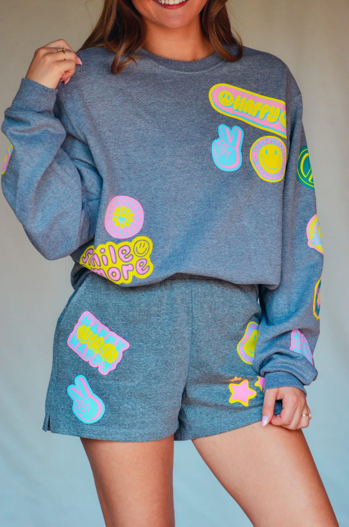 Smile More Retro Patch Gray Sweatshirt