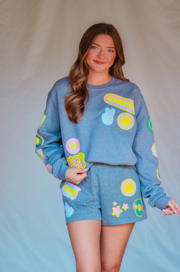Smile More Retro Patch Gray Sweatshirt