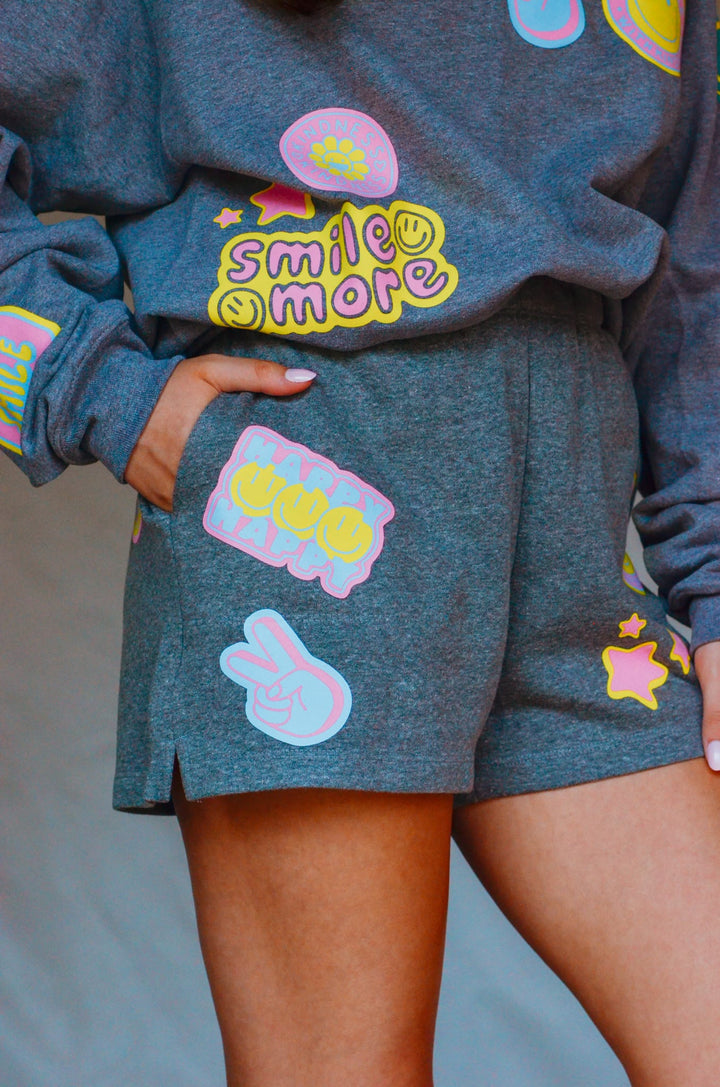 Smile More Retro Patch Gray Shorts