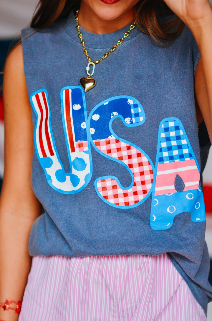 USA Patch Print Denim Boxy Muscle Tee