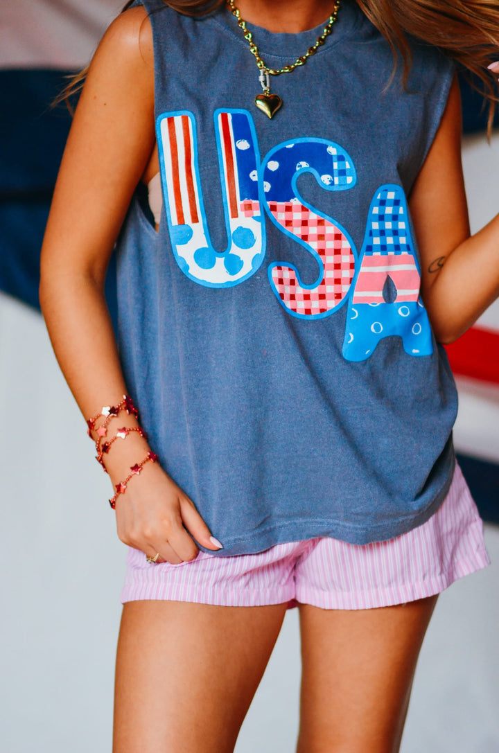 USA Patch Print Denim Boxy Muscle Tee