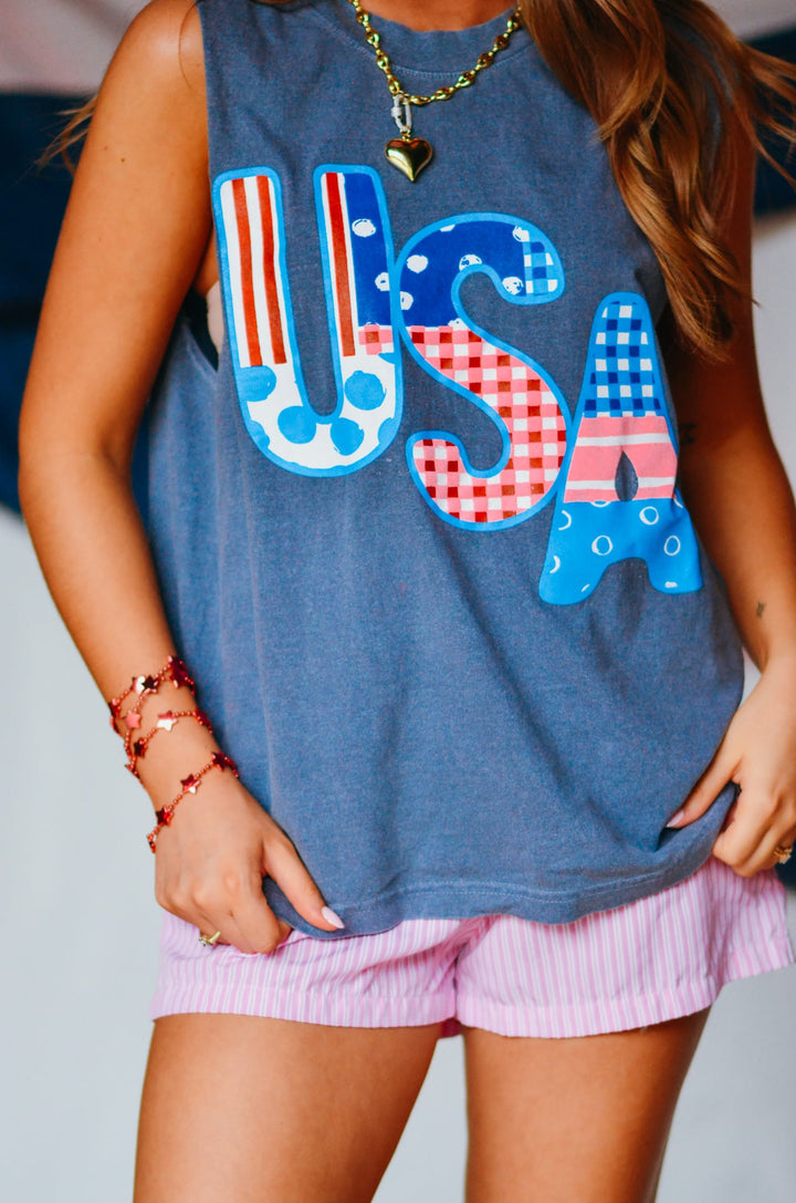 USA Patch Print Denim Boxy Muscle Tee