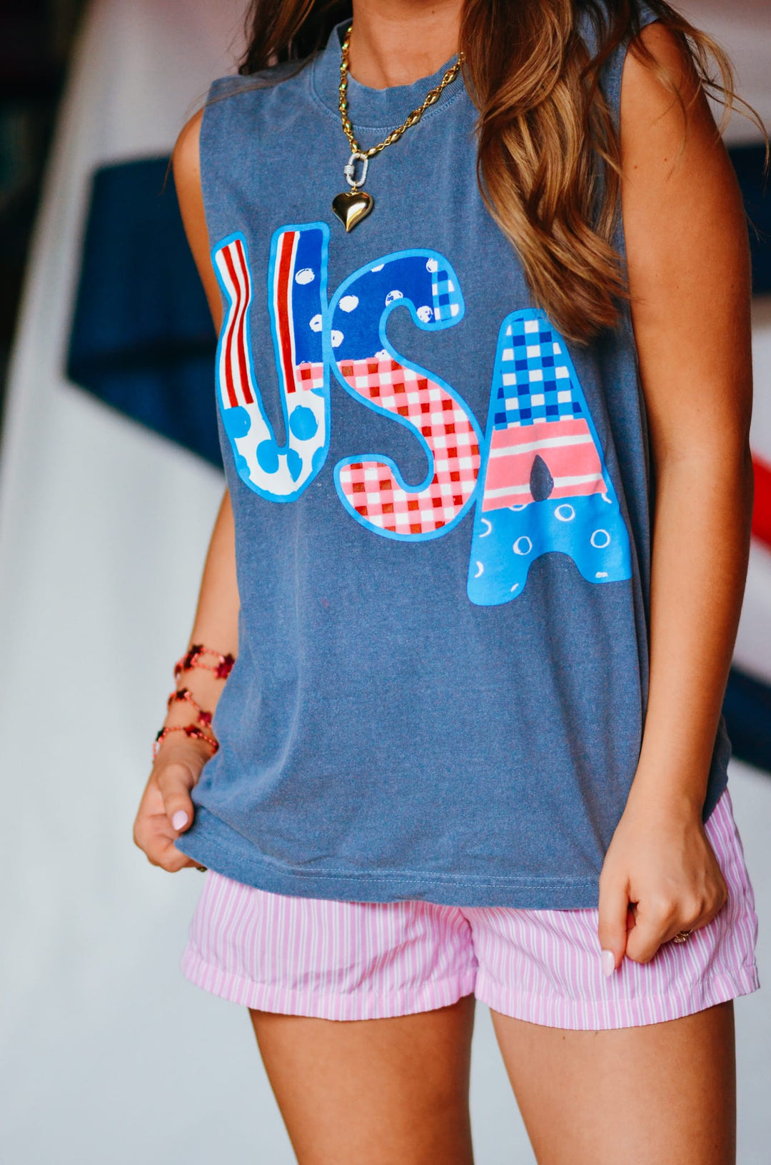 USA Patch Print Denim Boxy Muscle Tee