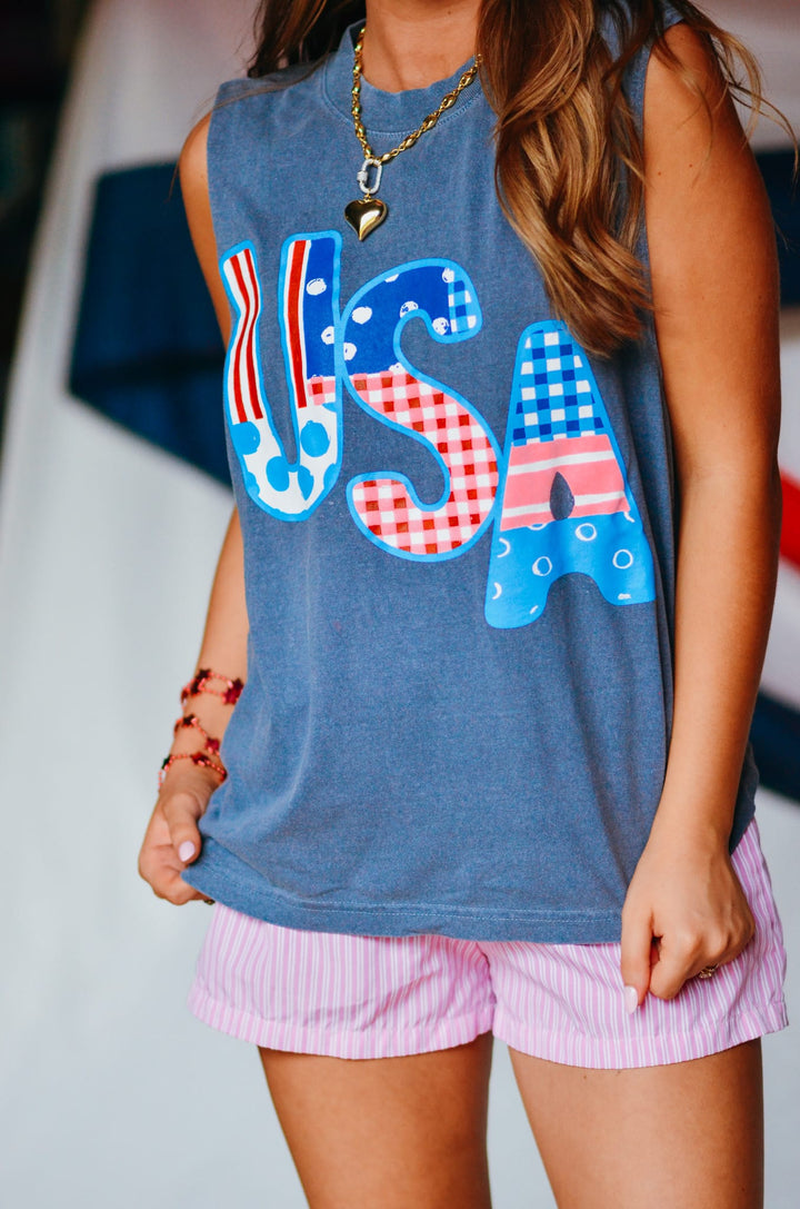 USA Patch Print Denim Boxy Muscle Tee