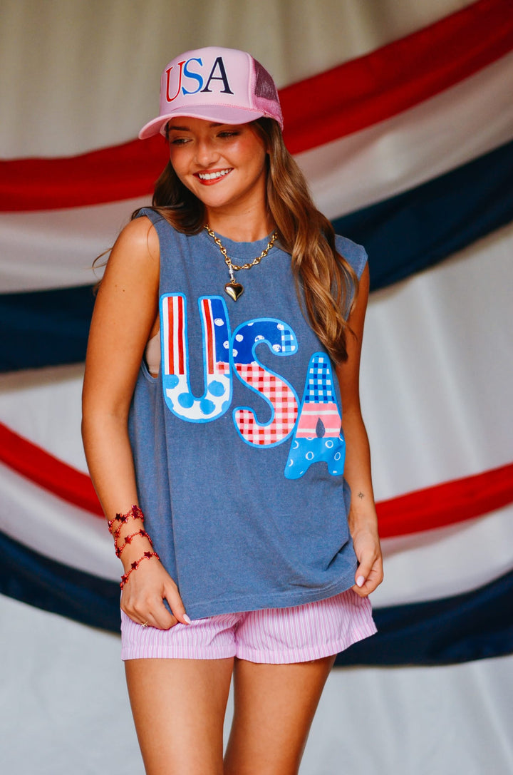USA Patch Print Denim Boxy Muscle Tee