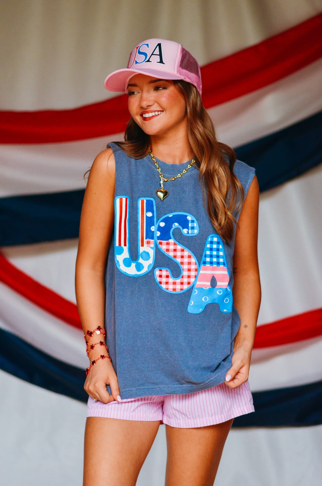 USA Patch Print Denim Boxy Muscle Tee